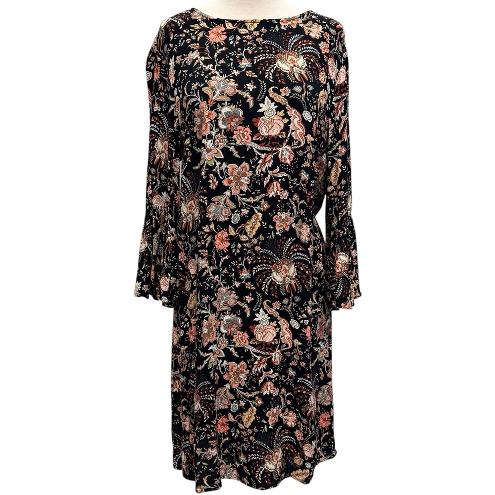 H&M Women's 3/4 Flared Sleeve Pullover Dress Black Multi Floral Size 8